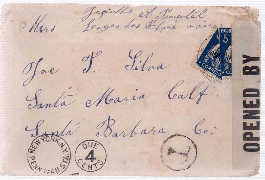 1040 f.jpg -     Lote:    1040 (frente)            Açores       Descrição:         1912/13 &mdash; Ceres. Selos do Continente com sobrecarga AÇORES. CE155, 5C. Sobrescrito circulado de Lages (Flores) para os EUA, com trânsito pela Horta (??.03.18) com selo de 5c aparado + selo de 5c bipartido CE155. Por não se encontrar regulamentarmente os selos, foi porteada com 4c à chegada. Censurada. MB.        Carta       Valor Base:     &euro; 100,00     Valor Venda:     Retirado     